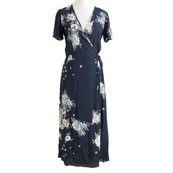 LACAUSA NAVY FLORAL WRAP MIDI DRESS - XS - Picture 1 of 8